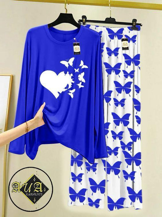 2 Pcs Women's Stitched Printed Night Suit(Blue)