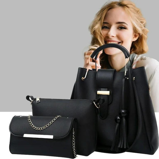 Chic Women's PU Leather Hand Bag Set - 3 Pcs in Classic Black