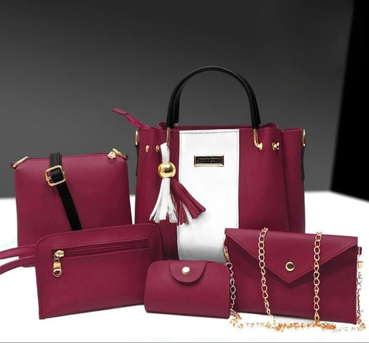 Stylish Women's PU Leather Hand Bag Set - 5 Pcs (Maroon)